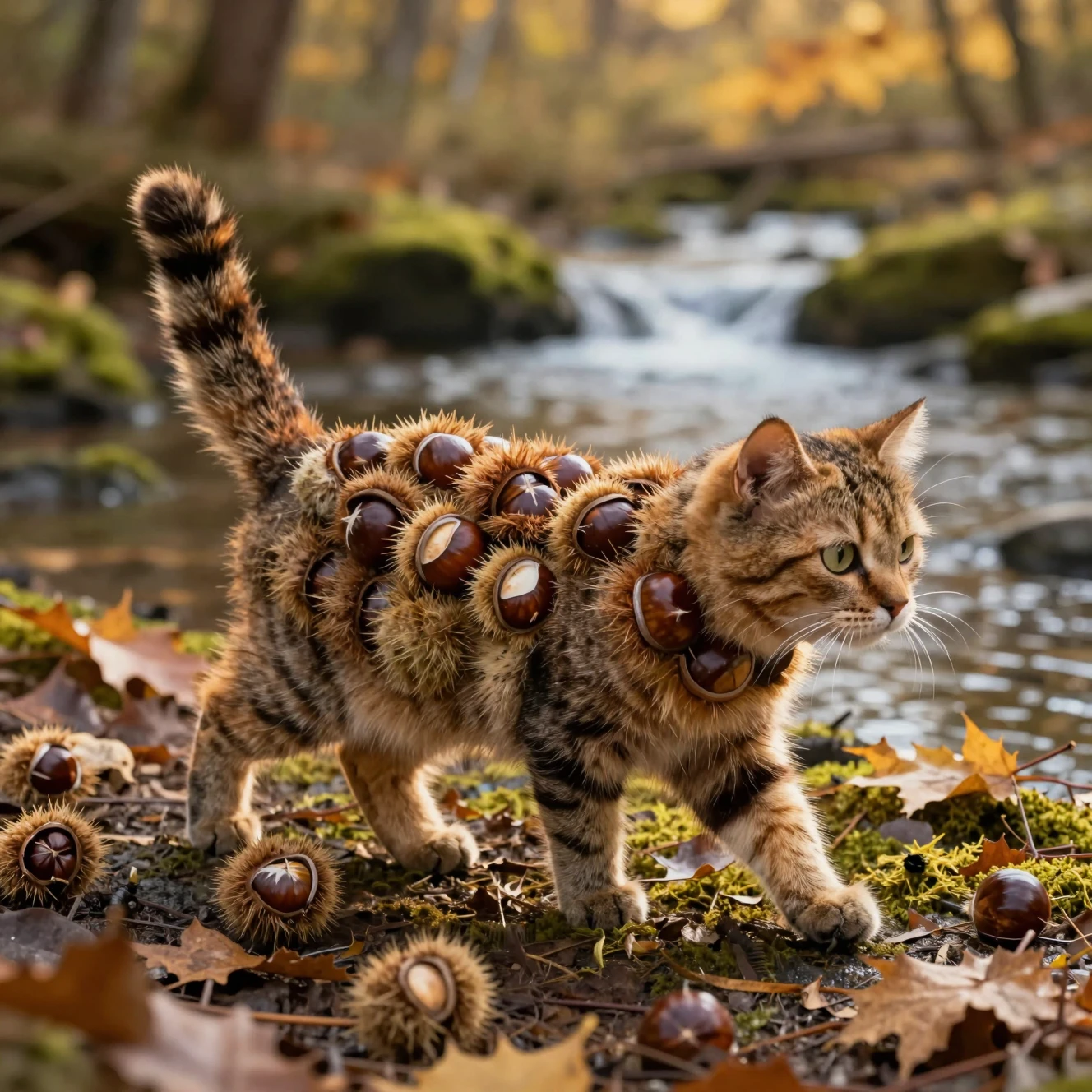 Chat de châtaignes automnal marchant le long d’un ruisseau forestier moussu
