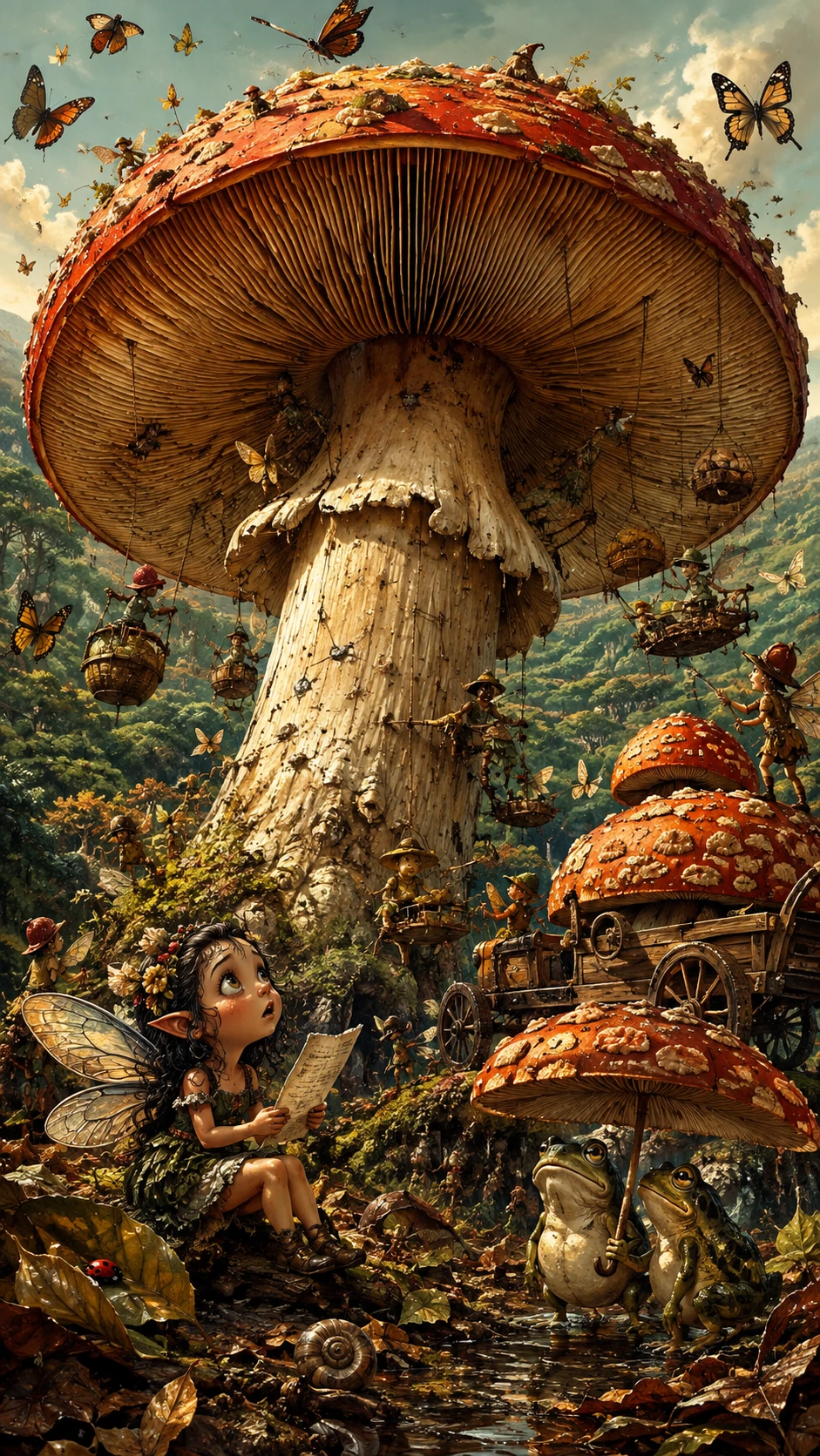 Tiny fairy beside an enormous mushroom in forest