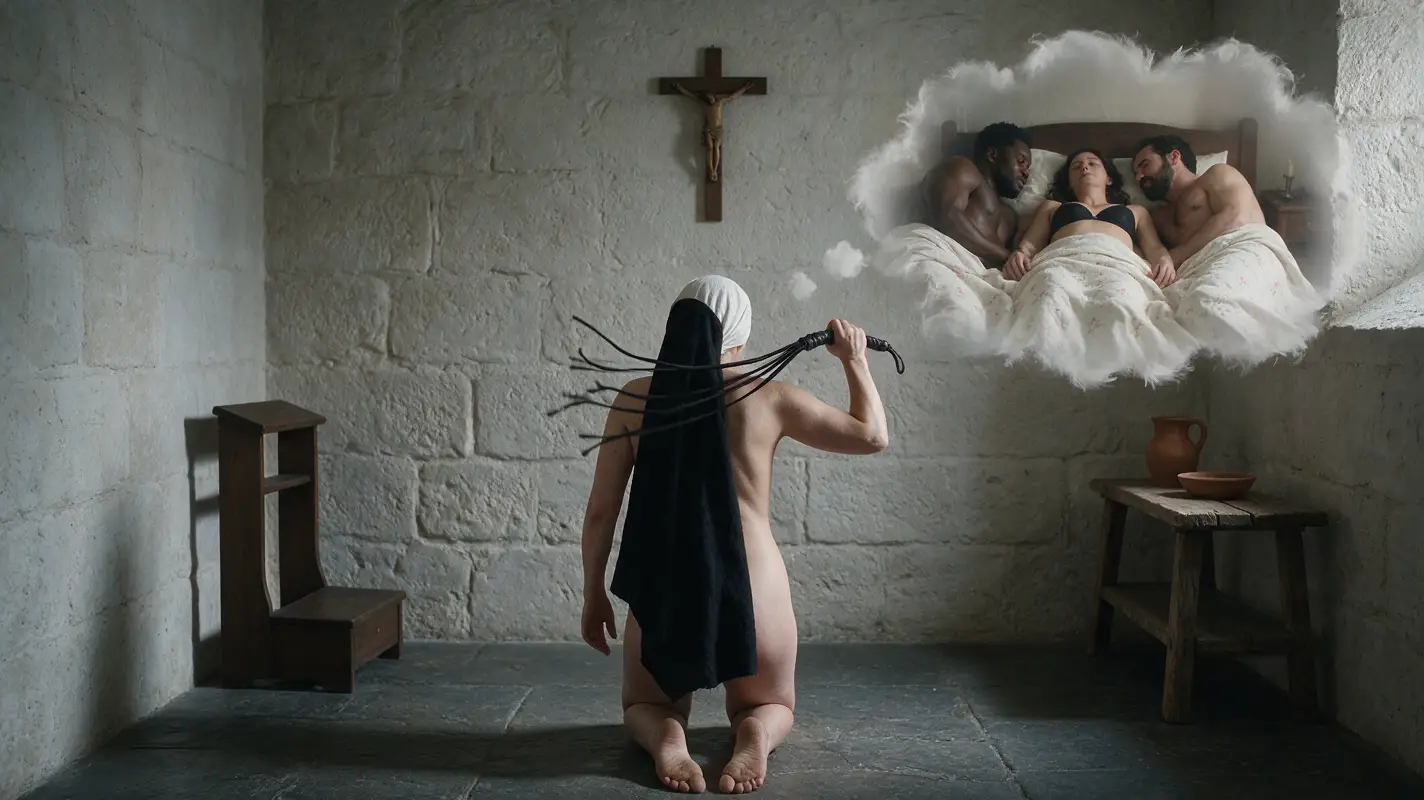 Nun Kneeling Naked In Stone Monastery Cell In Prayer