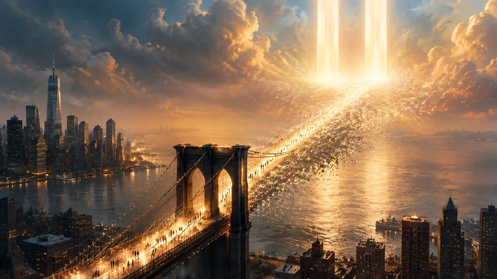 Surreale Brücke von Manhattan in einen leuchtenden Himmel