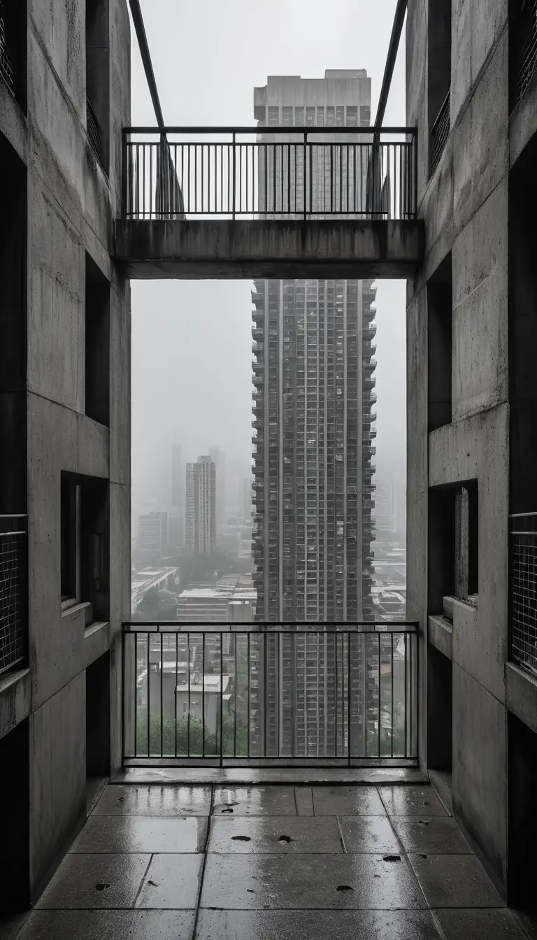 Low angle view of brutalist skyscraper through concrete arch