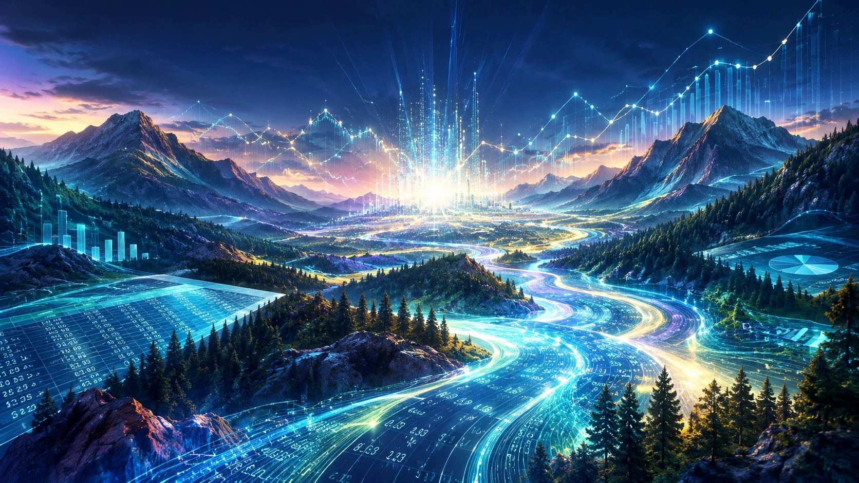 Des fleuves de données cinématographiques illuminant un paysage numérique au crépuscule
