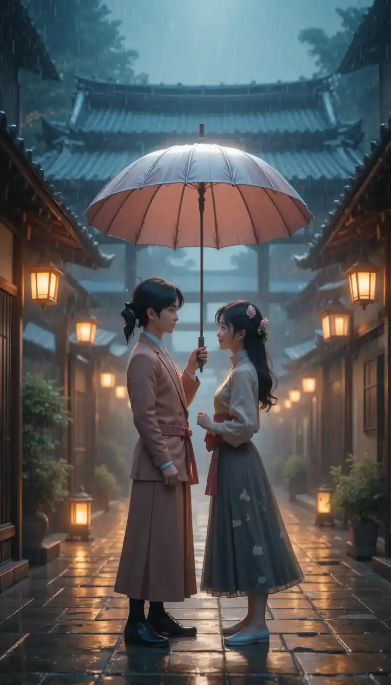 Anime-Paar teilt sich einen Regenschirm im sanften Abendregen