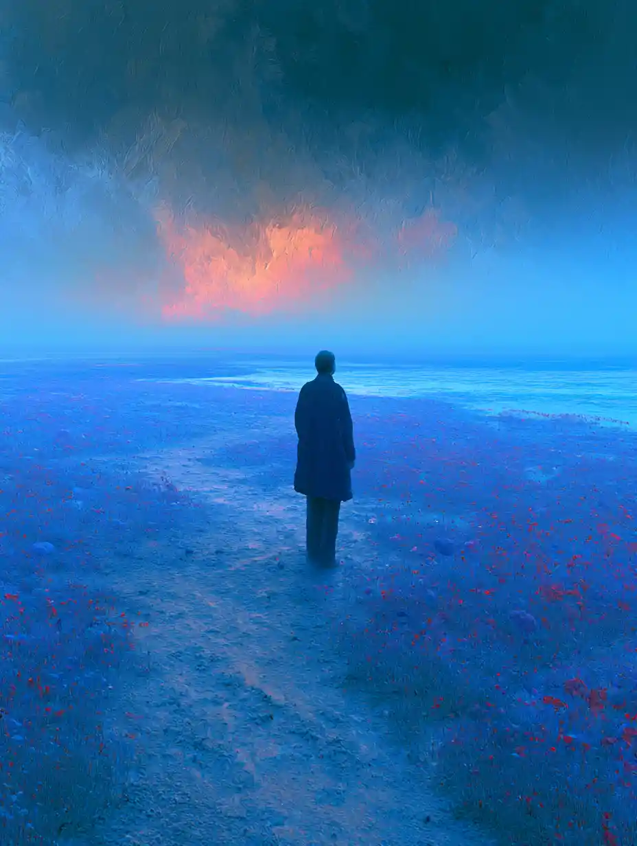 Peinture à l’huile surréaliste d’un paysage de l’âme en indigo et or lumineux