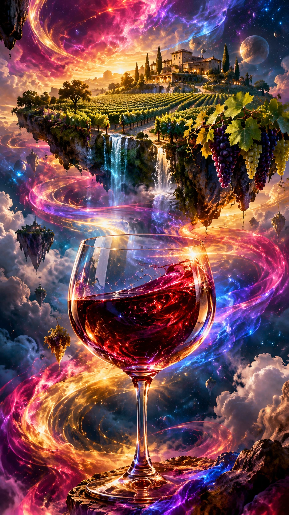 Surreal celestial vineyard swirling around a giant wine glass