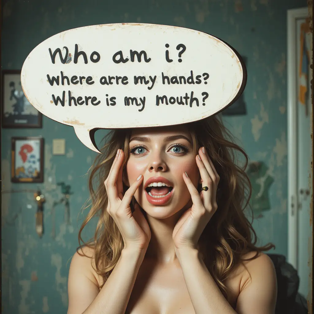 Surreal woman with missing hands and mouth questioning herself