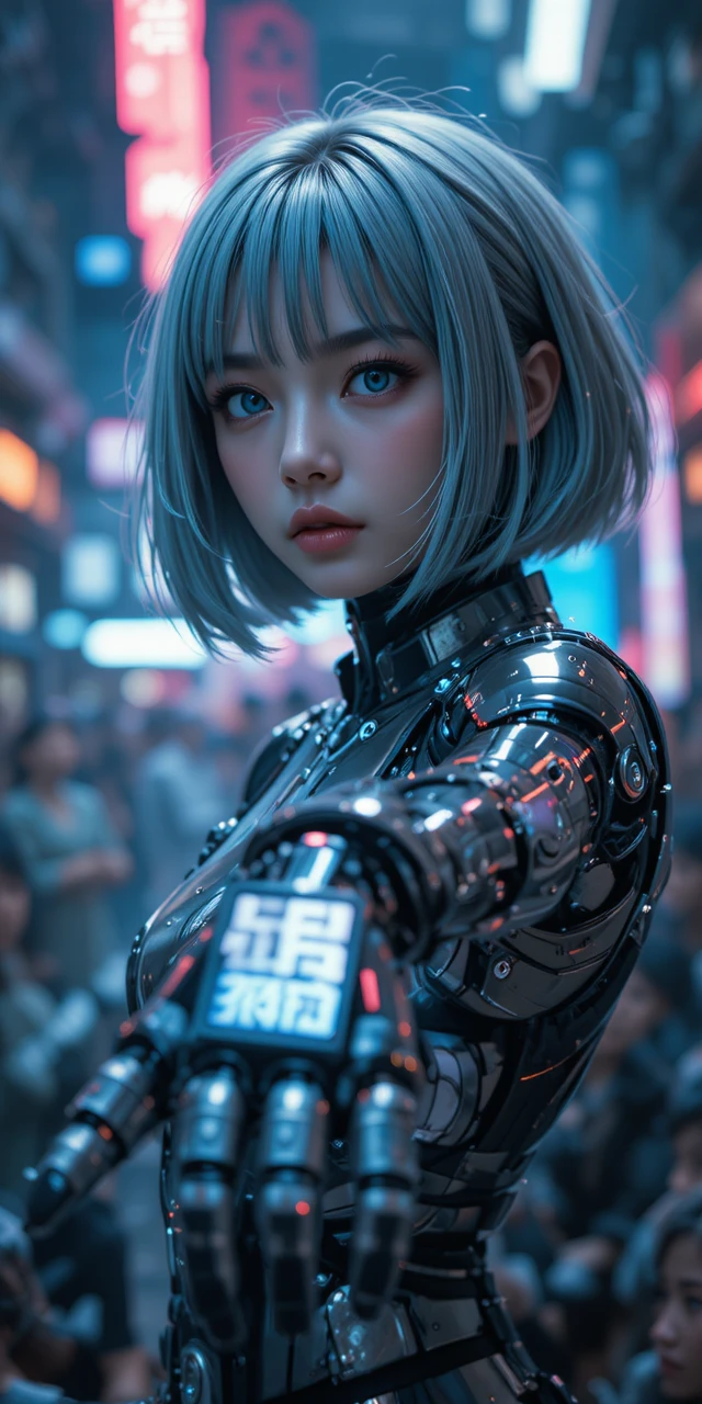 기계 팔을 앞으로 뻗은 사이버펑크 애니메이션 소녀