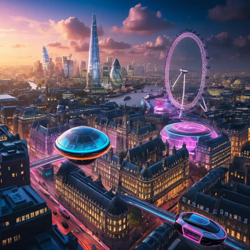 Paysage Urbain Futuriste de Londres en Néon avec Voitures Volantes