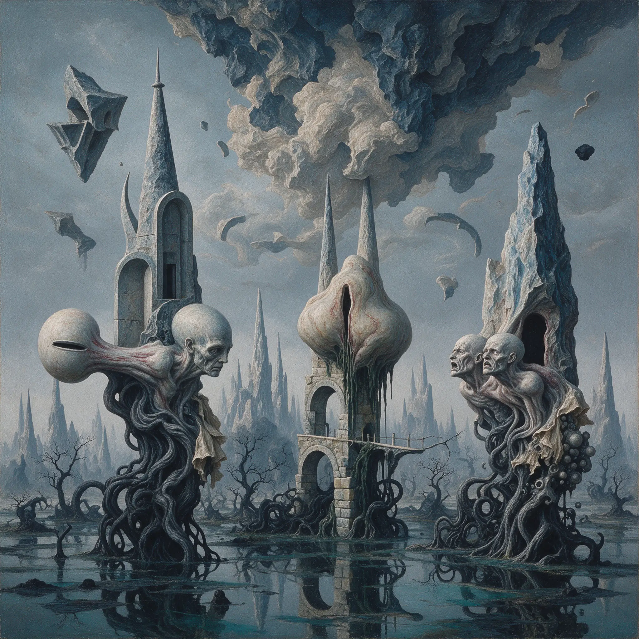 Colossal human forms twisting in a surreal primeval mire
