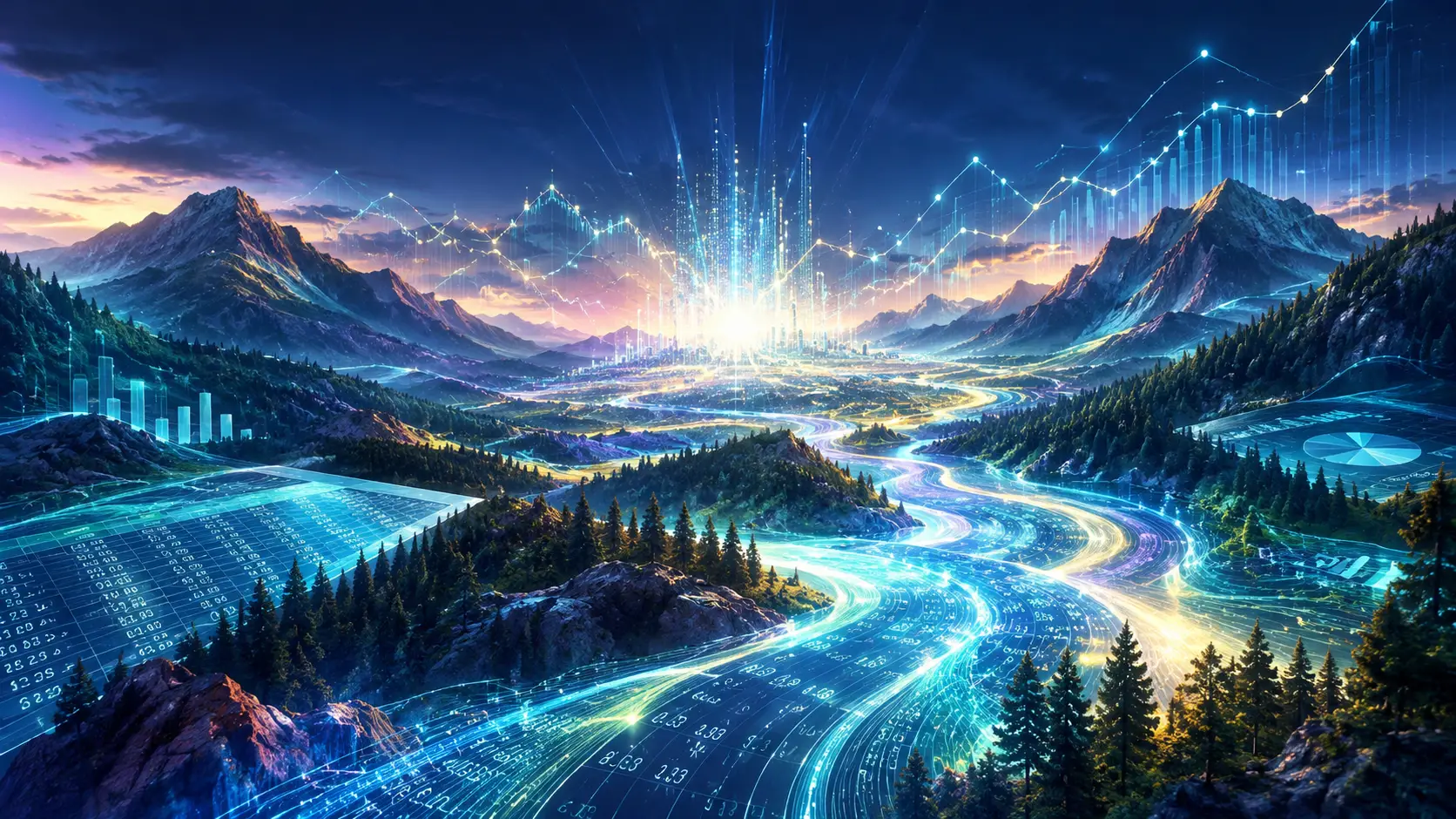 Des fleuves de données cinématographiques illuminant un paysage numérique au crépuscule