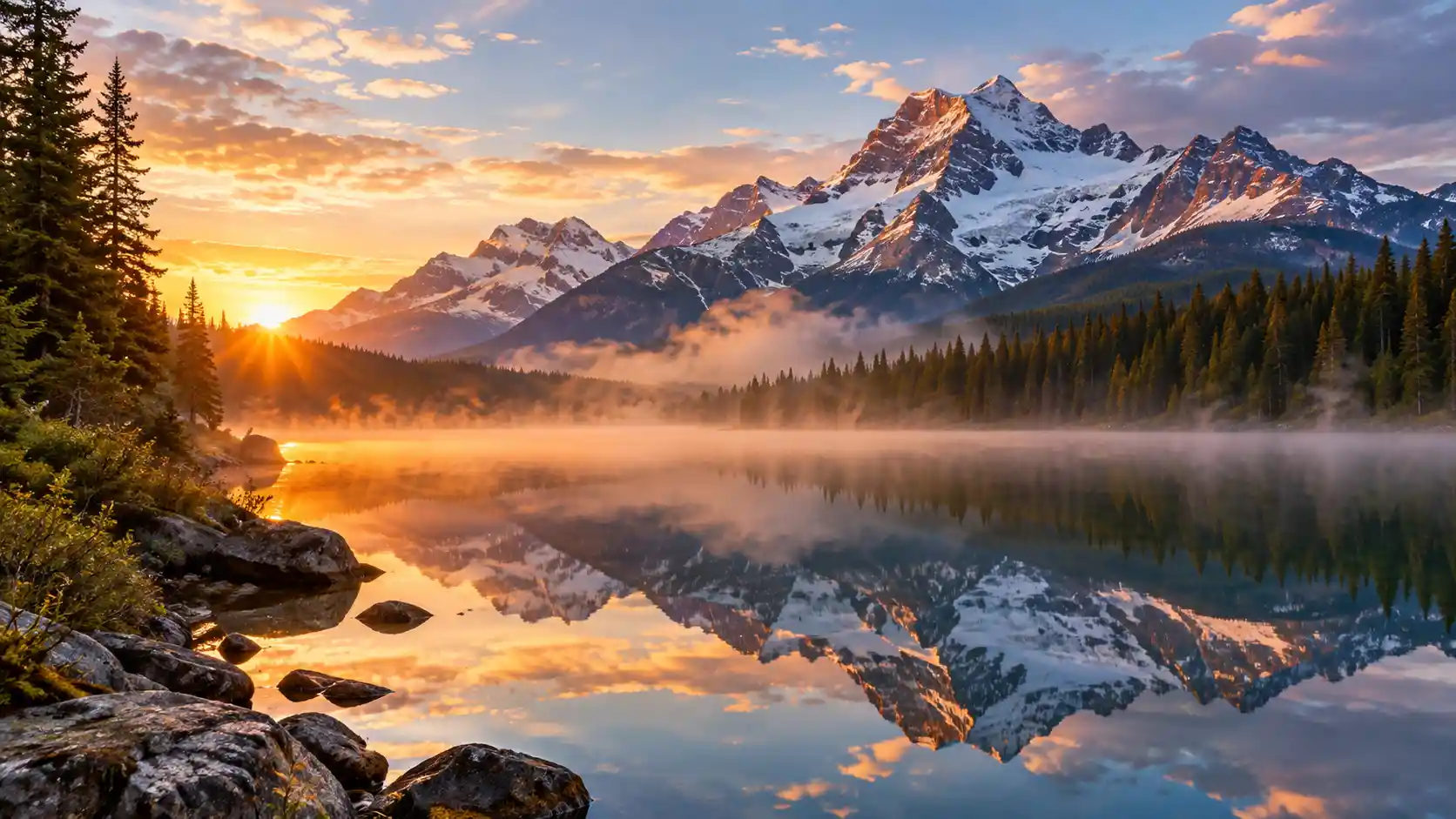 Serene mountain lake with sunrise reflections and mist