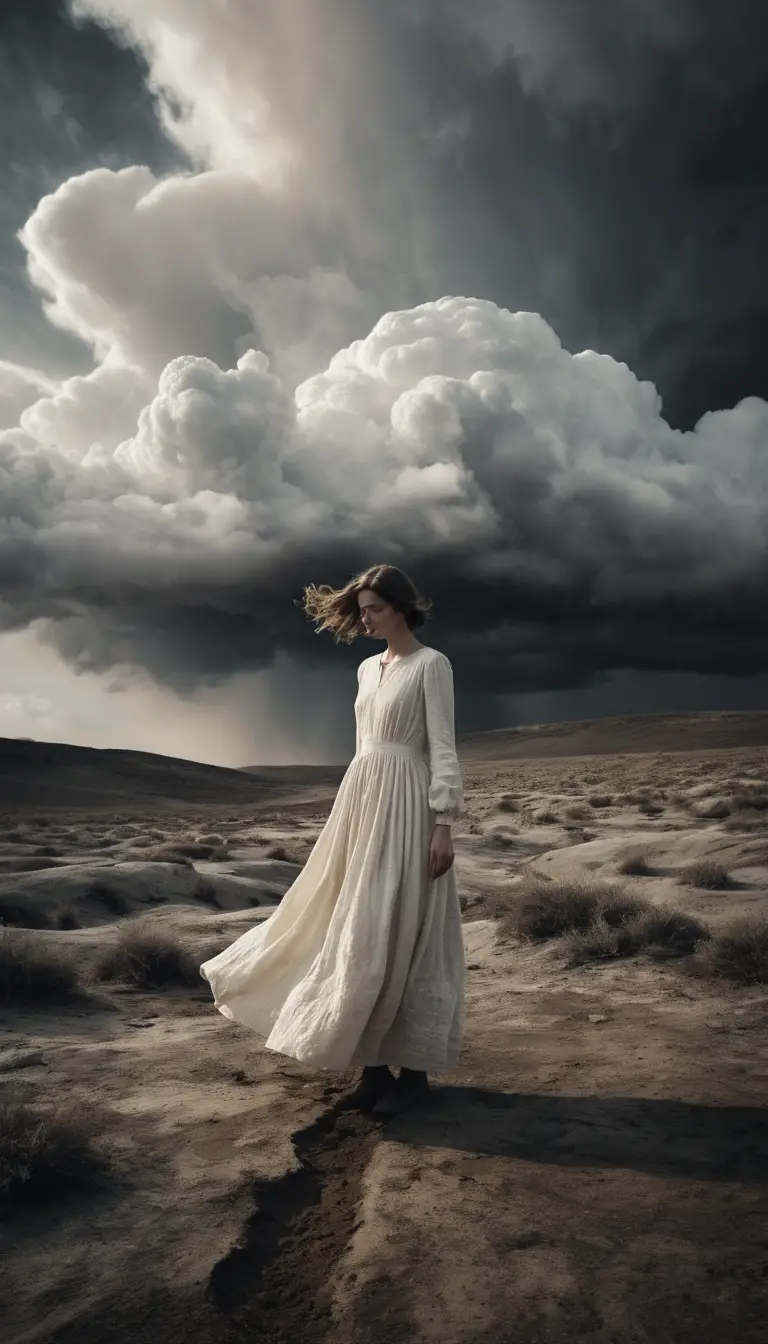 Woman with cloud head in desolate monochrome landscape