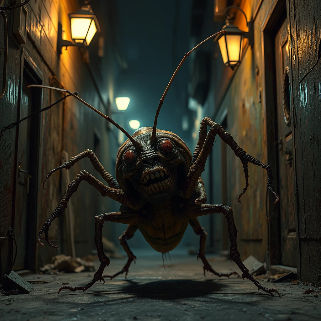 Terrified monster recoiling under a harsh alleyway spotlight