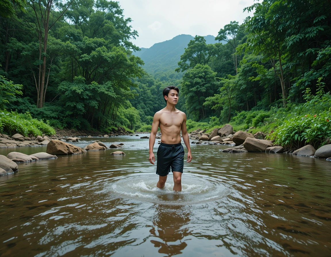 Hombre sin camisa caminando por un río rocoso en el bosque