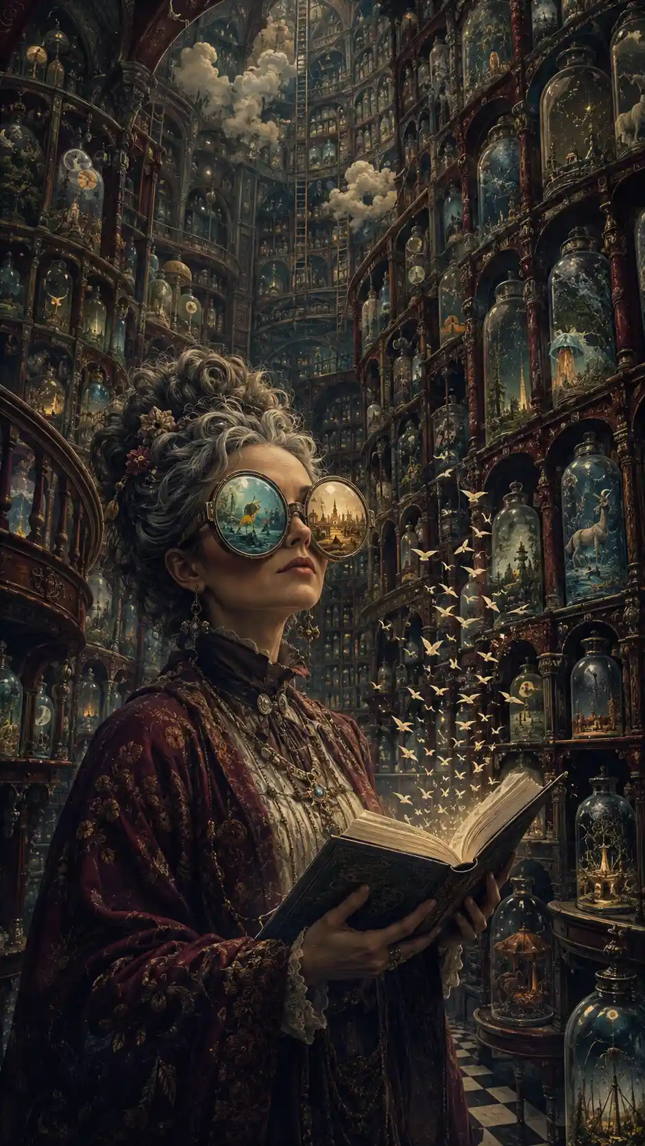 Eccentric Librarian In A Surreal Library Of Bottled Dreams