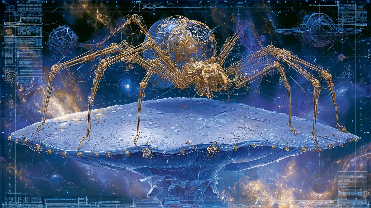 Clockwork spider resting on a floating mushroom island