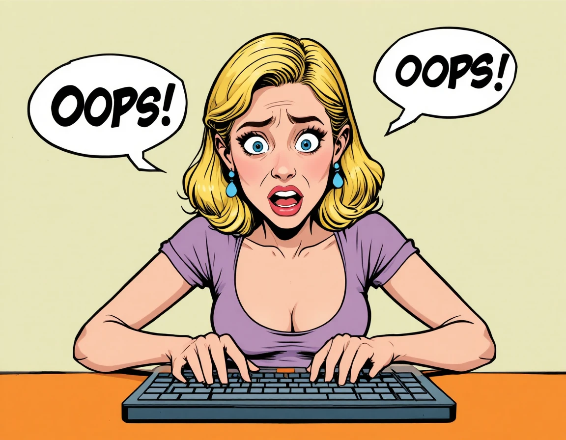 Surprised blonde woman typing at keyboard saying oops