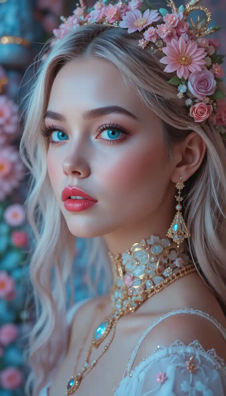 Bella donna in un paesaggio fantasy surreale dai toni pastello
