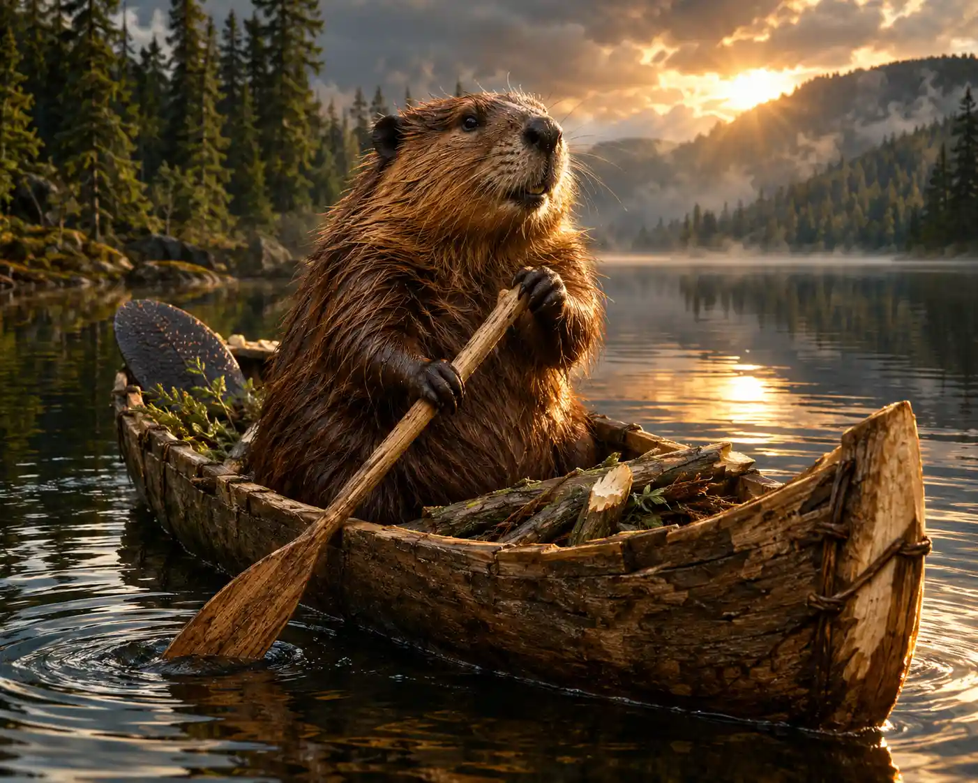 Beaver In A Hand Built Wooden Boat On Forest Lake