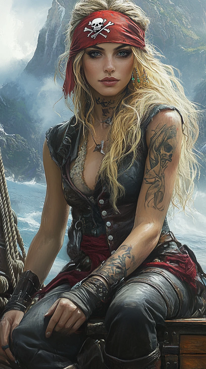 Blonde Pirate Woman Resting On A Wooden Treasure Chest