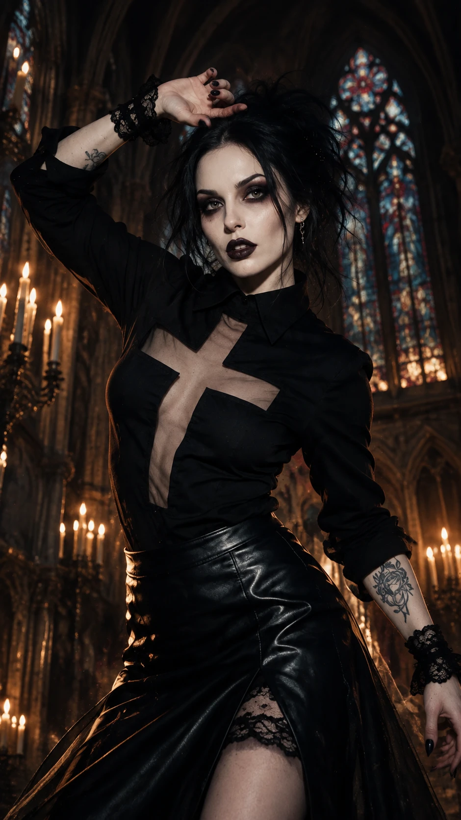 Mulher gótica sob luz suave em uma igreja sombria