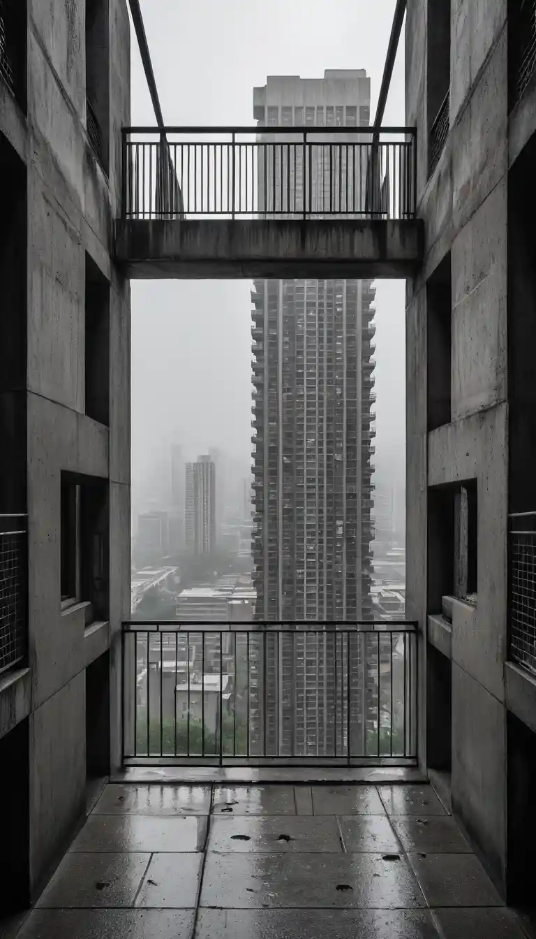 Low angle view of brutalist skyscraper through concrete arch