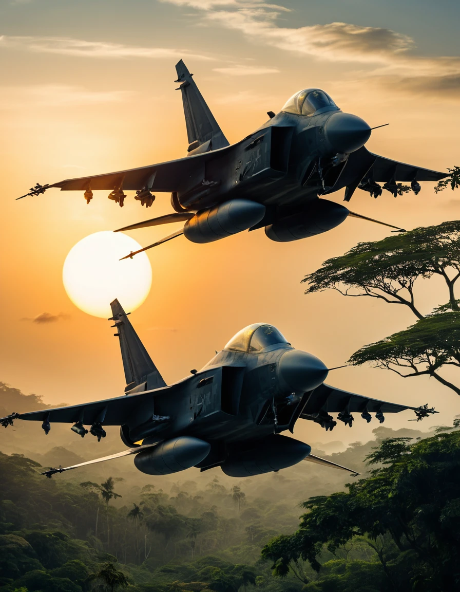Silhouetted Fighter Jets Above Jungle At Sunset