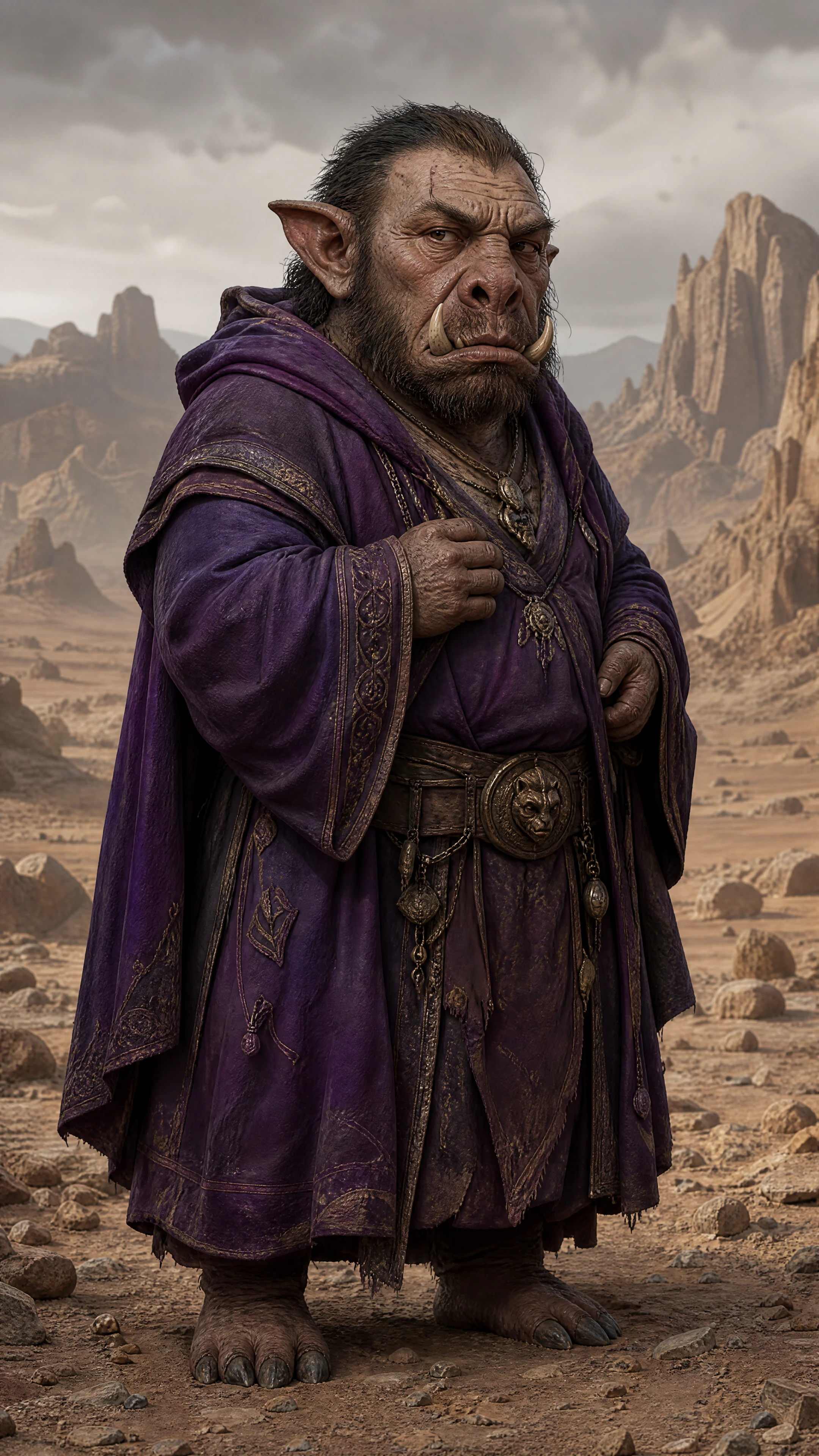 Humanoid boar like creature in a rocky desert landscape