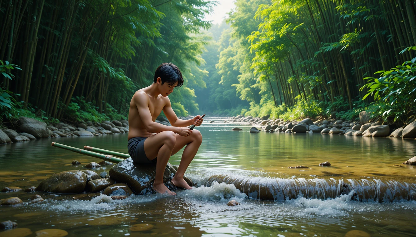 Joven tallando bambú junto a un río poco profundo en el bosque