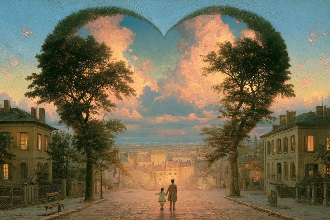 Paisagem surreal em forma de coração simbolizando cura e paz interior