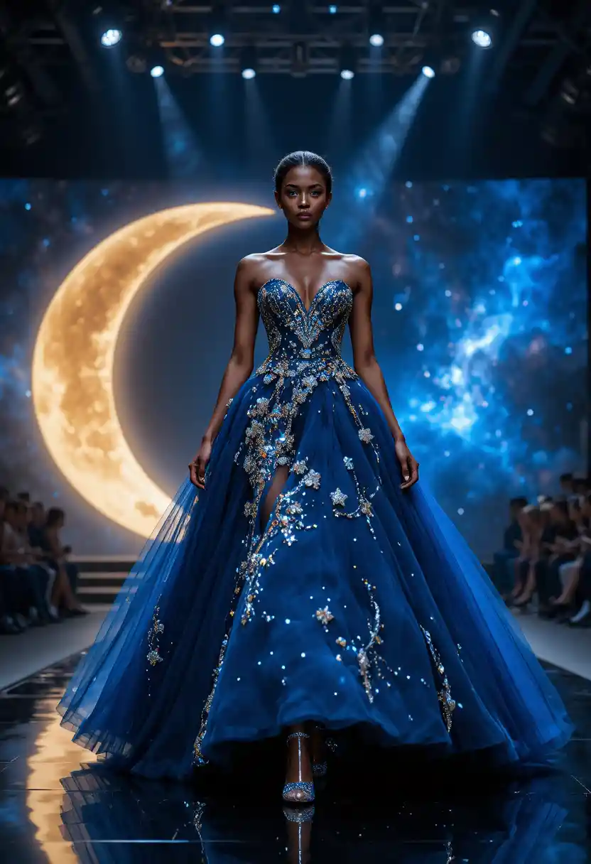 Elegante modella nera in abito da ballo blu mezzanotte celestiale