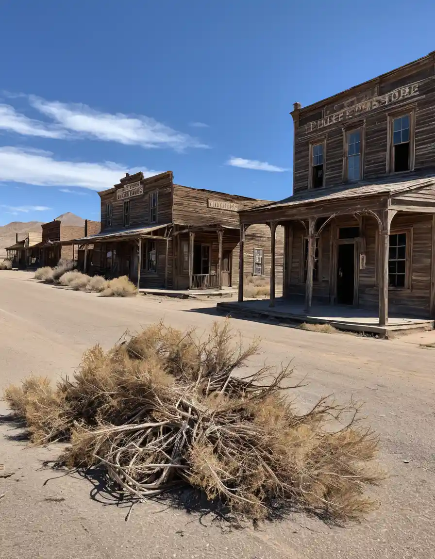 Deserted Western Ghost Town Main Street With Old Buildings