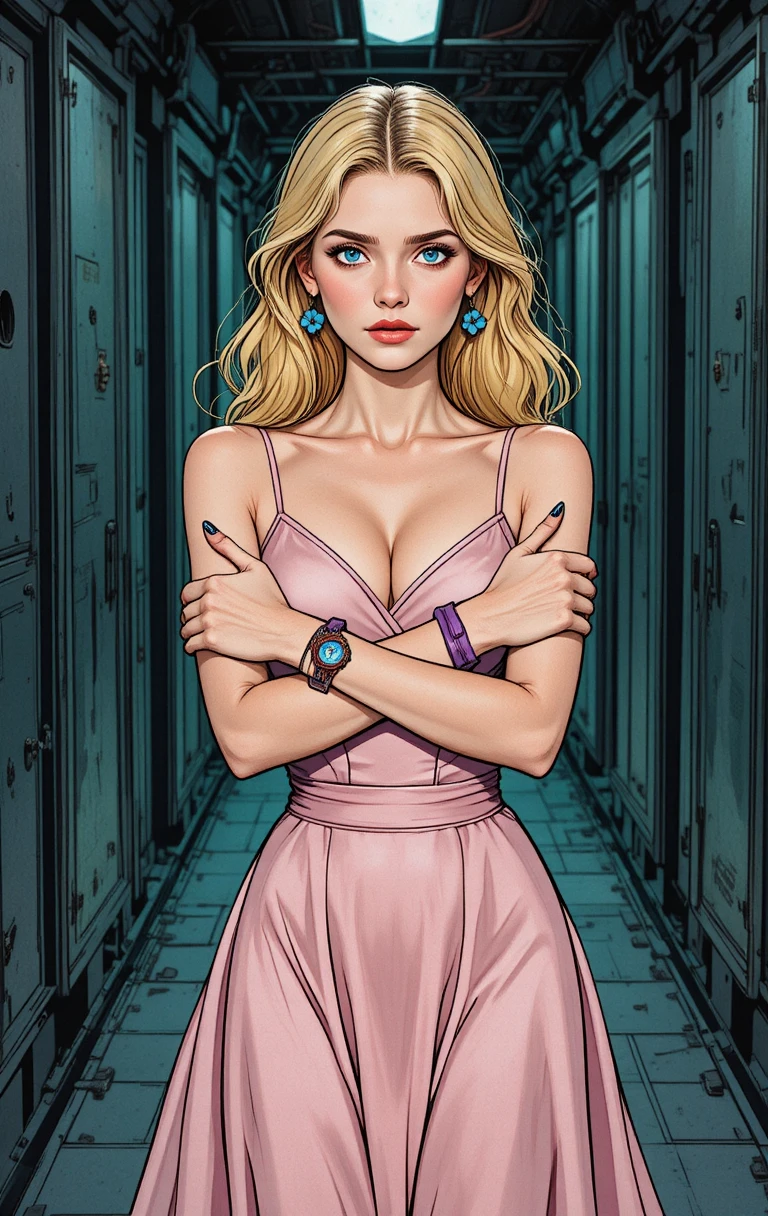 Schüchternes blondes Mädchen im rosa Kleid in einem Industriekorridor