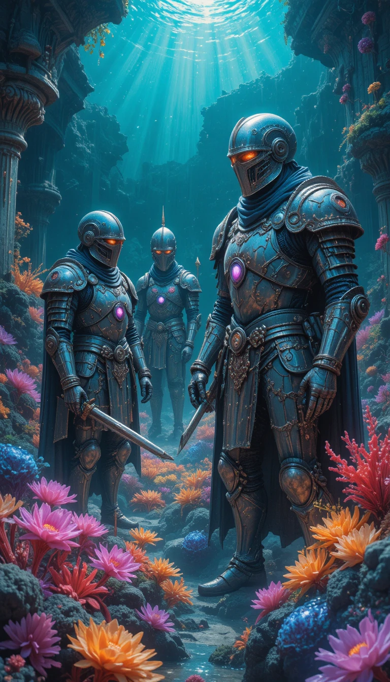 Fossilized knights guarding a glowing underwater coral garden