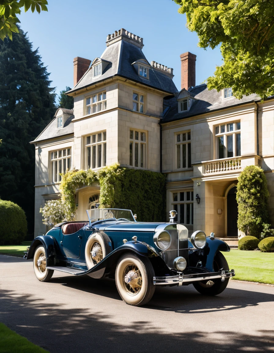 Voiture de sport vintage garée devant l’allée d’un grand manoir