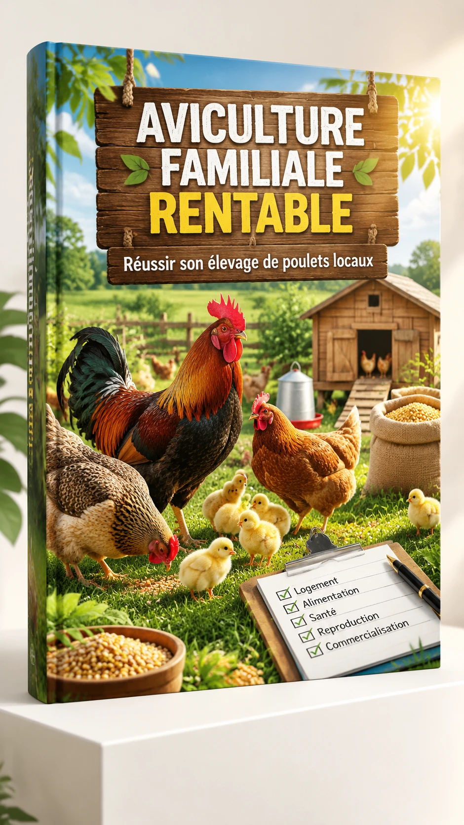 3D ebook cover with farm chickens and rustic wooden sign