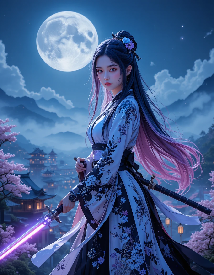 古代の月夜の街を見下ろすアニメの女剣豪