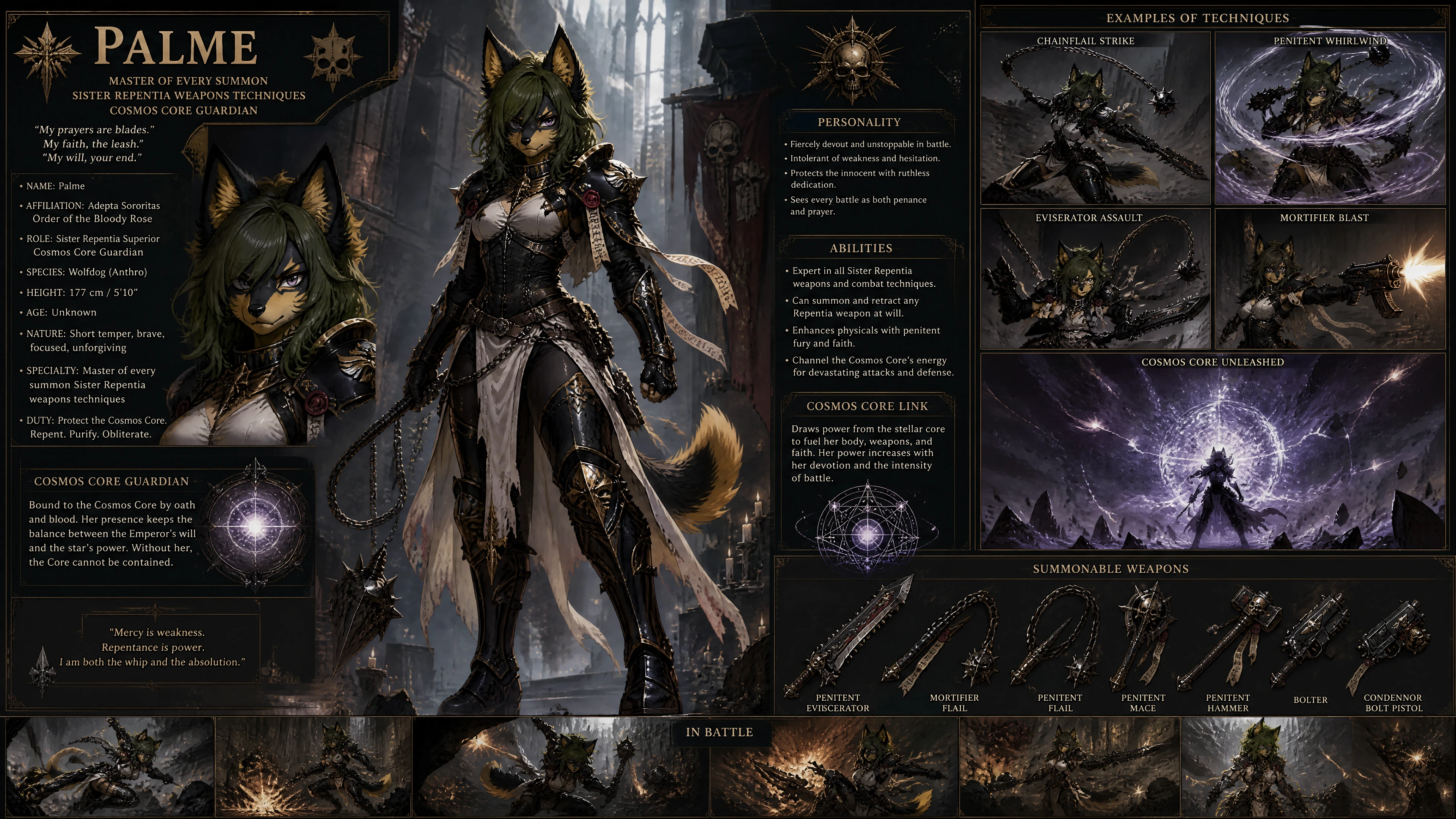 Battle ready wolfdog warrior woman in heavy armor
