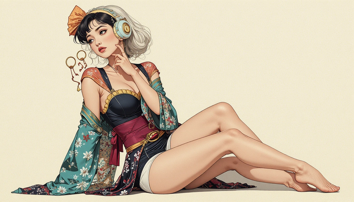 붉은 란제리를 입고 당당히 앉아 있는 글래머러스 핀업 여성