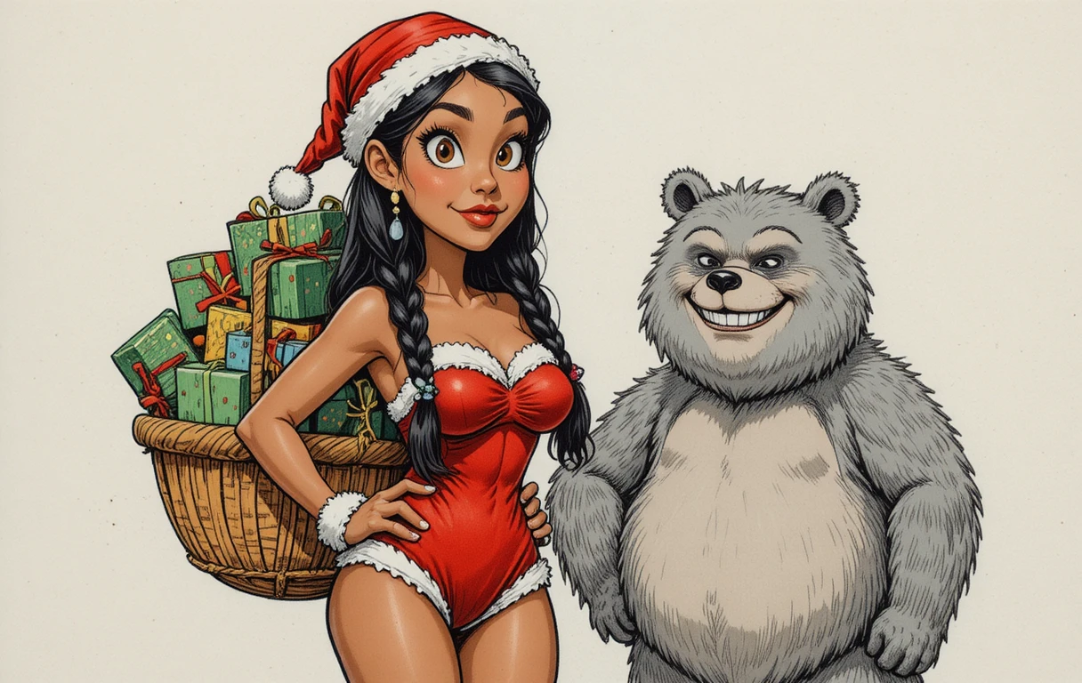 Donna Babbo Natale cartoon con regali e orso sorridente come compagno