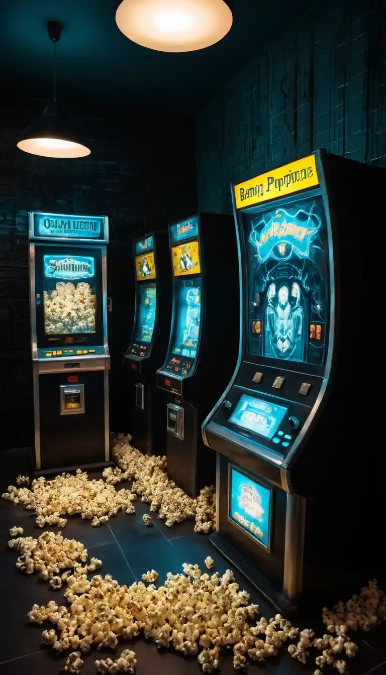 Retro arcade with glowing ecosystems on the floor at midnight