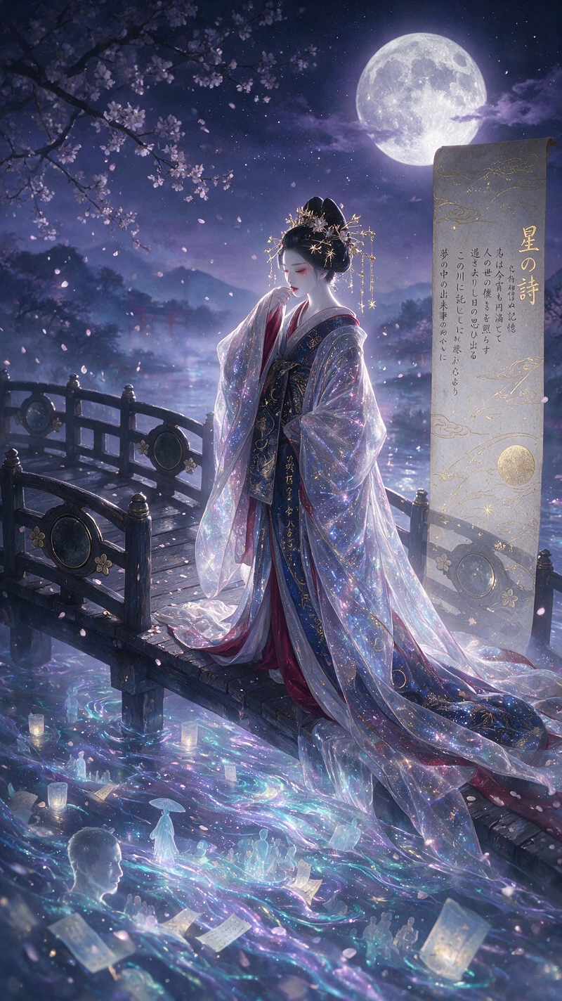 Ethereal geisha on a spectral bridge above a memory river