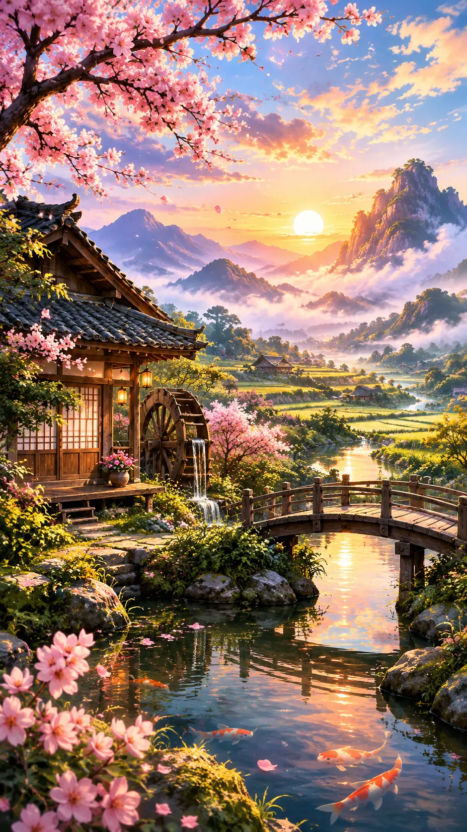 Vibrant oriental countryside in a poetic rural landscape
