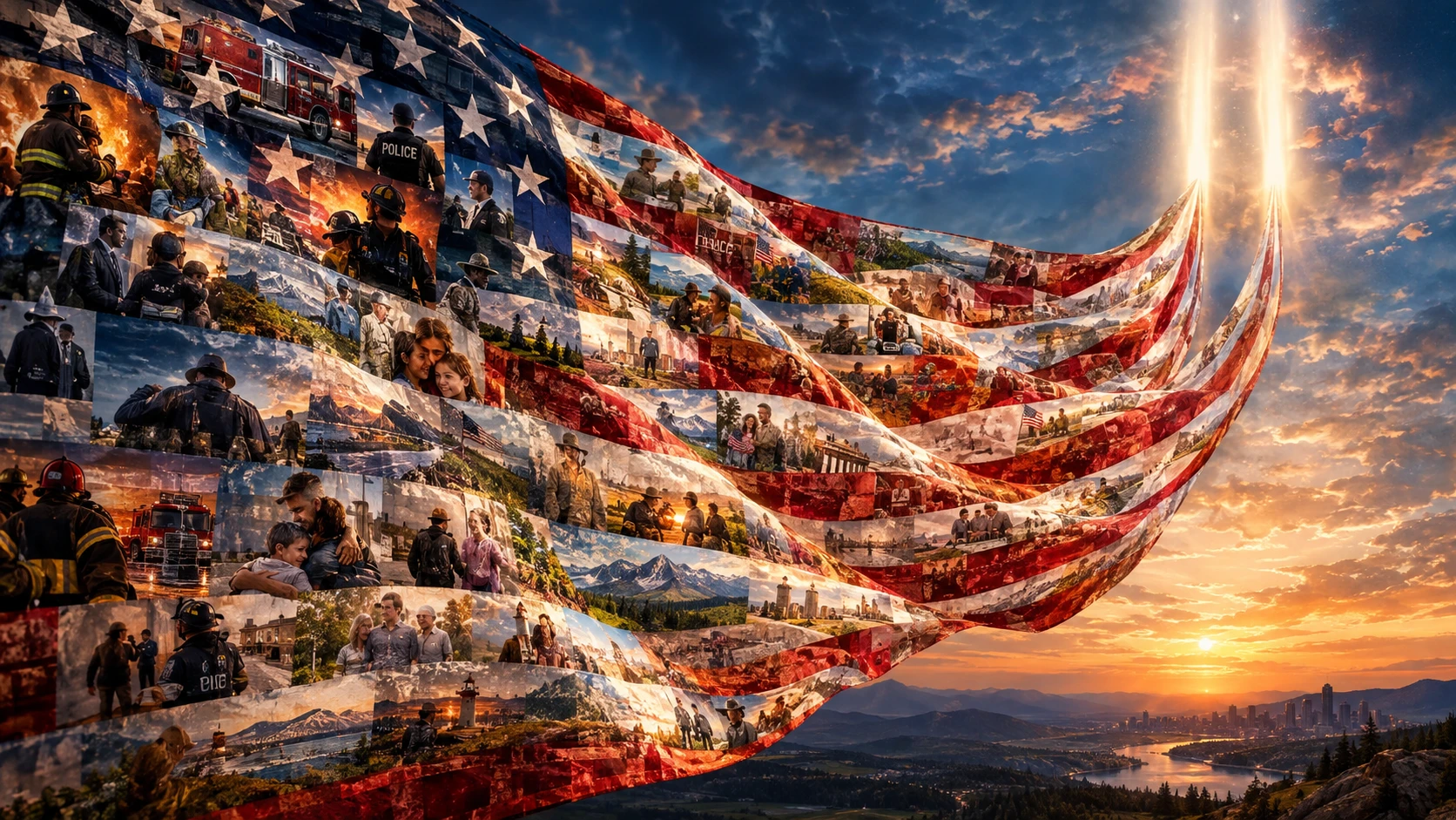 American Flag Tapestry Flowing Into Twin Beams Of Light