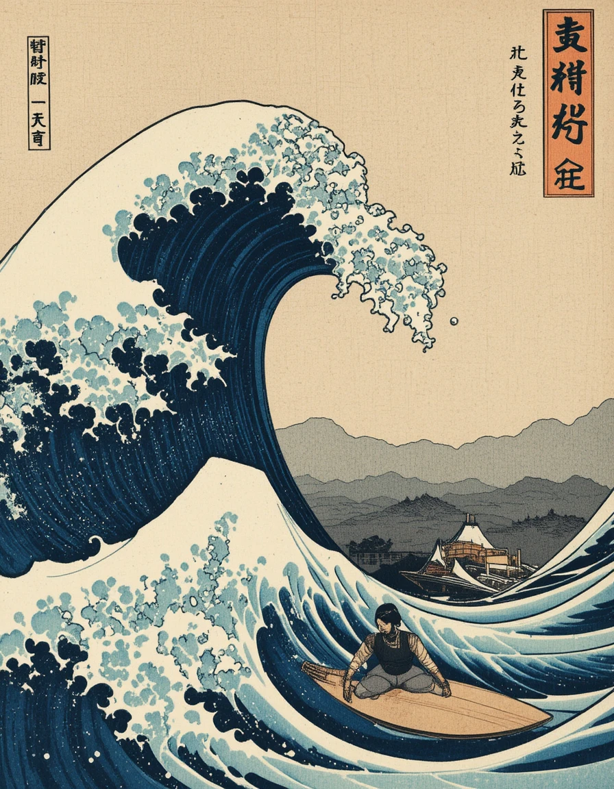 Surfer Riding A Huge Wave In Japanese Woodblock Style