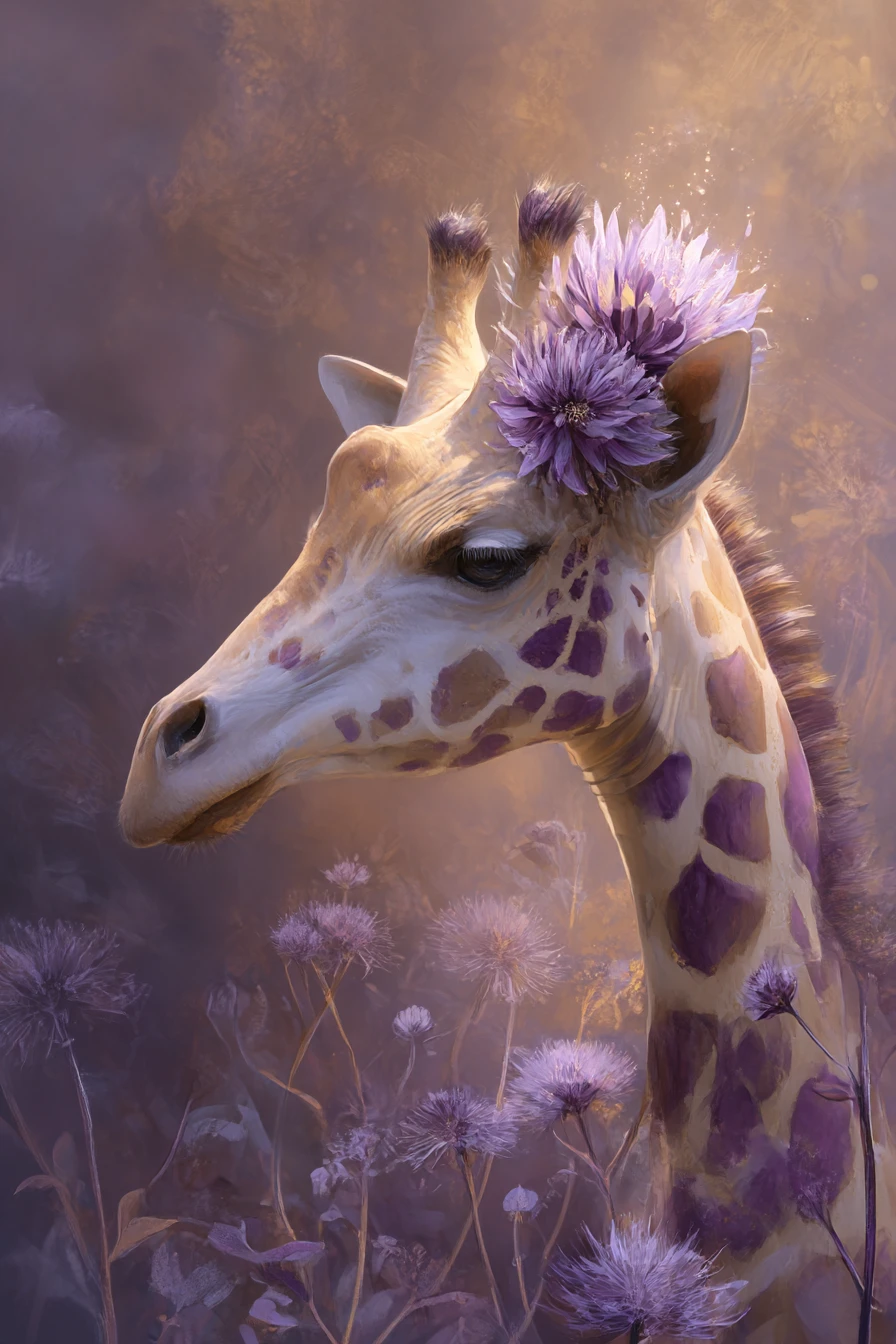 Whimsical giraffe with purple spots and floral background