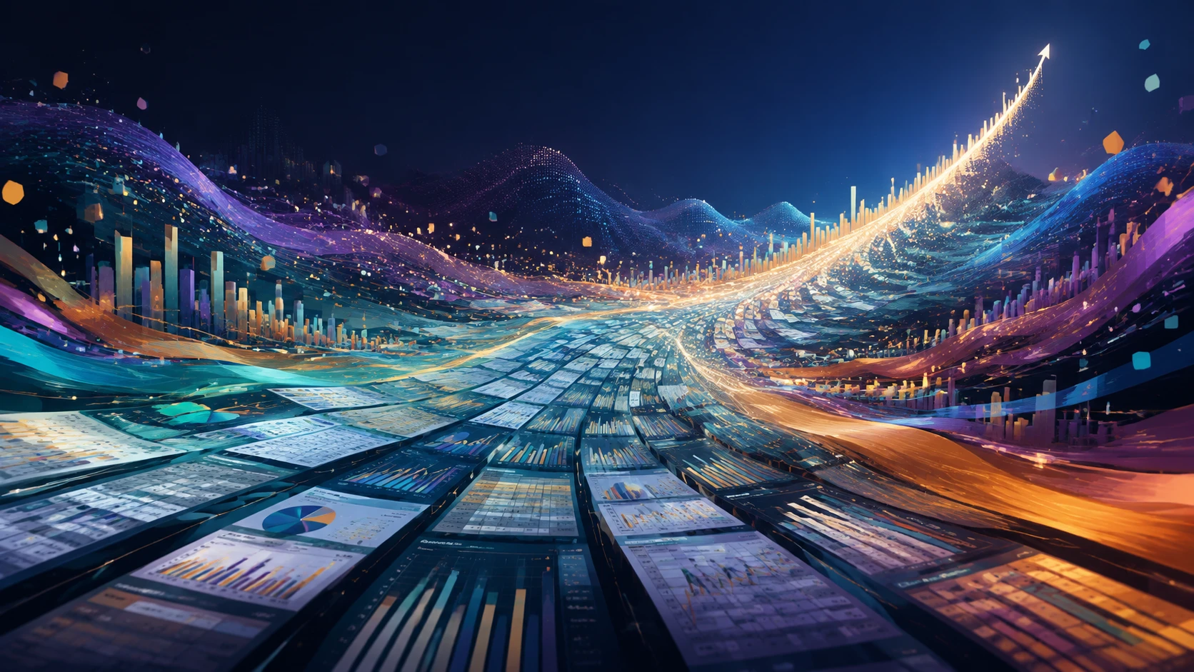 Panoramic data landscape forming a luminous upward trajectory