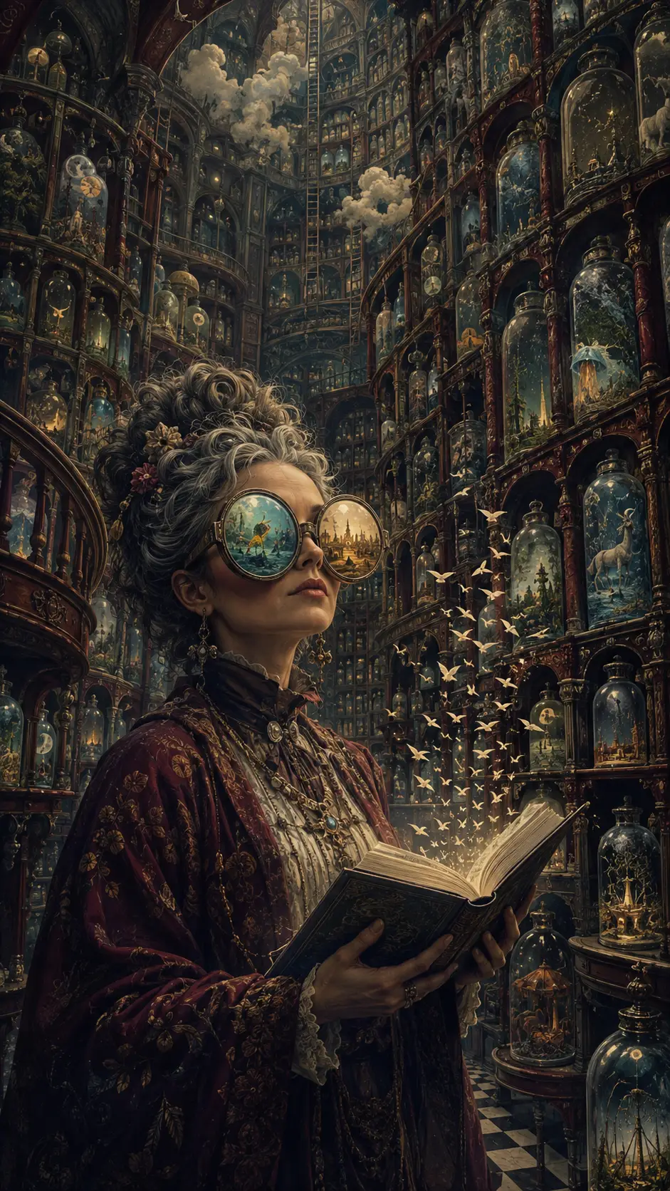 Eccentric Librarian In A Surreal Library Of Bottled Dreams