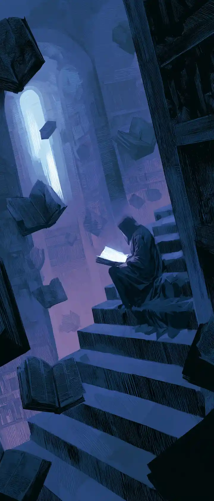 Ethereal scholar reading in a dark forgotten library
