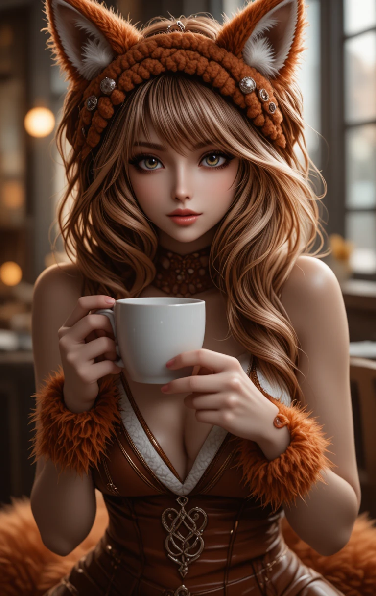 Mulher em fantasia de raposa aproveitando um café tranquilo pela manhã